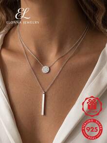 1pc 925 Sterling Silver Double-Layer Necklace, Shiny Round Pendant, Elegant Wedding Jewelry Gift For Women - Silver - View 1