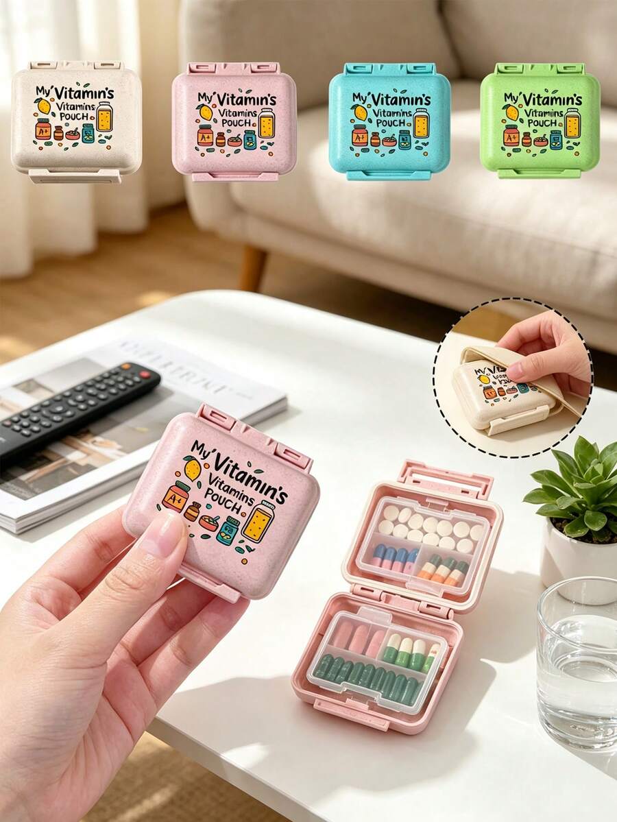 迷你 6 格便攜藥盒，收納盒，旅行藥盒，印有「My Vitamins」和維生素圖案，6 格小藥盒，密封包裝收納盒，6 天週用藥盒，旅行必備藥盒，日常維生素藥盒，口袋藥盒，精緻收納盒，居家必備，旅行必備