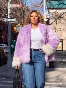 Astrid Plus Size Autumn/Winter Fashion Colorblock Patchwork Plush Jacket - Purple - View 4