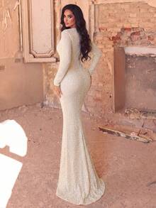 Haute Glamour Pearl Embellished Heart Neckline Mermaid Hem Beaded Formal Evening Gown - Champagne - View 3