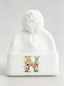 1pc Baby Beanies Boy Girls White Pom-Pom Cap With A-Z Letter Colorful Floral Hat For Boys And Girls Ages 0-8Y, For Hat Accessories Winter Warm Hat - Multicolor - View 19