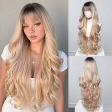 30 Inch Women Long Wavy Ombre Wig With Bangs, Synthetic Heat‑Resistant Natural Looking Dark Root Blonde Ash Brown Full Head Wig For Woman Daily Wear Party Halloween Cosplay - Multicolor - View 12