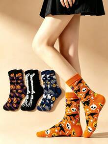 4 Pairs Halloween Themed Mid-Calf Socks, Pumpkin, Skeleton, Ghost, Skull, Black Cat Student Socks, Casual Mid-Calf Socks, Unisex For Party And Daily Wear - Black - View 4