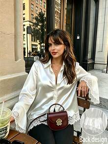 Women's Spring/Autumn Glossy Satin Lace Trim Turn-Down Collar Button-Up Flared Sleeve Asymmetrical Hem Cinched Waist Long Sleeve Blouse - White - View 4