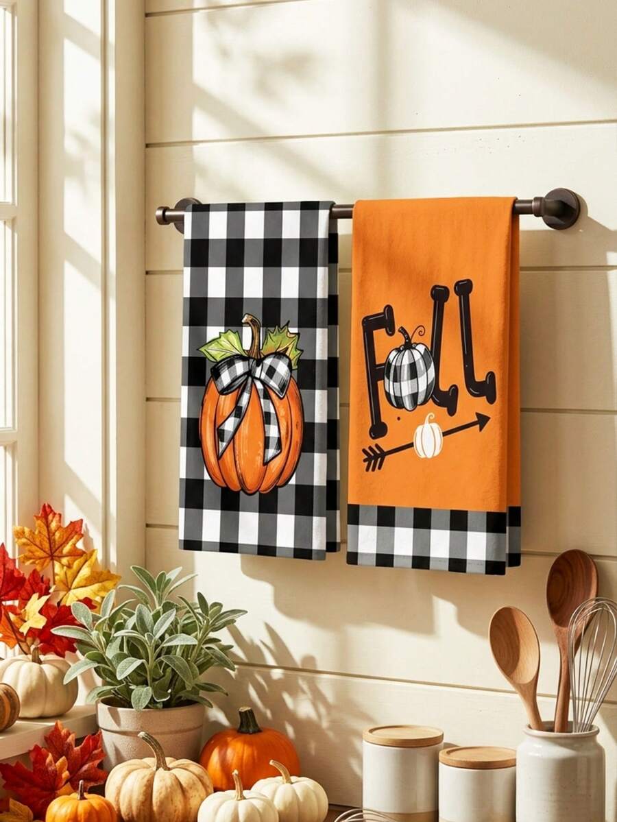 2/4/48pcs, Kitchen Dish Towels, Pumpkin Plaid Decor, Cute Absorbent, Suitable For Home Use, Thanksgiving Atmosphere, Autumn Theme, Multi-Purpose, High Absorbency Kitchen Towels