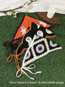 1pc Handmade Crochet Halloween Theme Headscarf, Fun Ghost & Eye Pattern, Tie-Up Triangle Hair Bandana, Party/Daily Versatile Hair Accessory - A - View 2