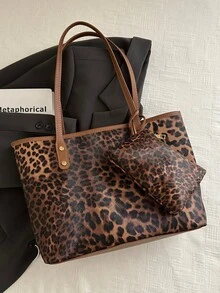 New Vintage Fashion Large Capacity Leopard Print Tote Bag, Zipper Closure, Comes With Mini Coin Purse, Lightweight Minimalist, Casual Commute Shoulder Bag - Coffee Brown - View 4
