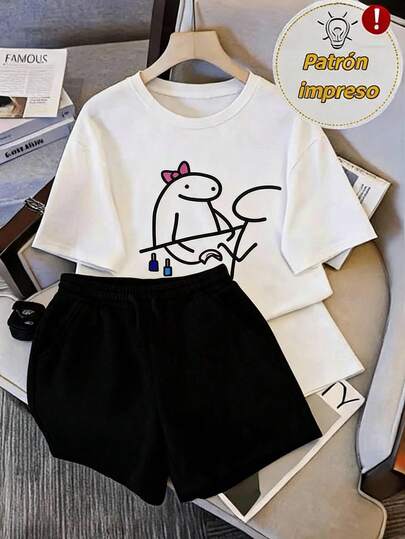 Conjunto Casual para Mujer de Playera de Cuello Redondo y Manga Corta con Short de Felpa, Estampado de Meme, Uso Diario, Hecho en México