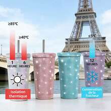 1pc Rhinestone Stainless Steel Insulated Water Bottle - Leak-Proof Portable Travel Cup With Lid, Flat Bottom Straw Cup, Suitable For Outdoor Sports, Fitness, Home, Kitchen, Office, Back To School Students, Christmas Gift For Mom, Girlfriend, Family - Multicolor - View 3