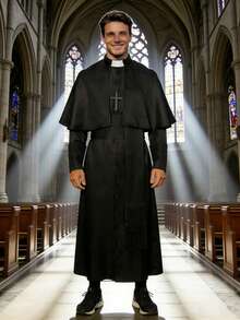 Solid Color Priest, Father Medieval Vintage Monk Robe Wizard Halloween Grim Reaper Costume With Cross Necklace And Belt - Black - View 1