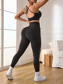 New Plus Size Women's Patchwork Mesh Yoga Leggings, Drawstring Waist Design, Tummy Control Butt Lifting High Elastic Tight Pants, Suitable For Yoga, Outdoor Sports, Daily Wear - Black - View 4