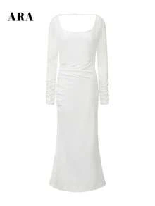 ARA CHIC Women White Square Neck Low Open Back Maxi Dress Long Sleeve Ruched Side Waist Bodycon Elegant Party Wedding Guest Dress Fall - White - View 7