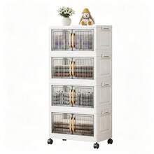 Foldable Storage Cabinet With Wheels, Vertical Transparent Door Stackable Organizer Unit, Multi-Layer Plastic Storage Drawers, Suitable For Closet Living Room Bathroom, Multi-Functional Home Sundries Storage Rack - View 9