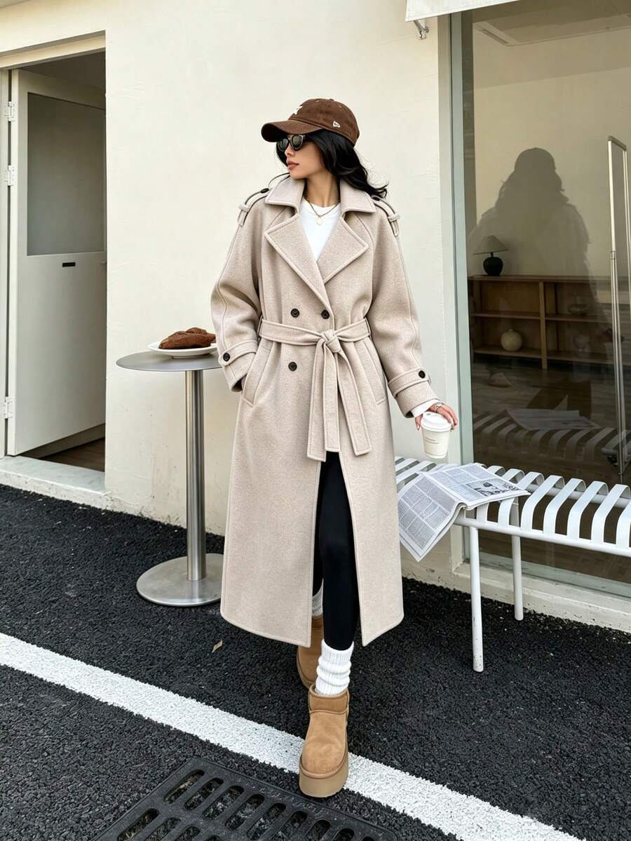 Seelio Autumn/Winter New Women's Fashion Classic Double-Breasted Windbreaker Coat Woolen Overcoat Fall - Apricot - View 1