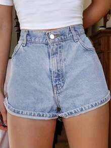 Celana Pendek Denim Abu-abu Gaya Retro Amerika untuk Remaja Perempuan, Jeans Serbaguna Pinggang Tinggi - Light Wash - View 2