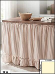 1pc Olive Green & White Fine Striped Table Skirt, Natural Fresh Style Fabric Material, Rectangular Bottom With Ruffle Edge And Pleated Details, Storage Concealment And Decorative Beautification Function, Suitable For Shelf Cover And Pastoral Home Decor - Apricot - View 8