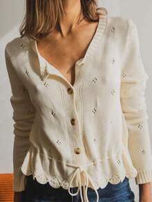 Damen elegante einfarbige Strickjacke mit lockerem Rundhalsausschnitt, lässig, mit Kordelzug, Vintage-minimalistischer Jacke für den Herbst - cremefarben - Übersicht 2
