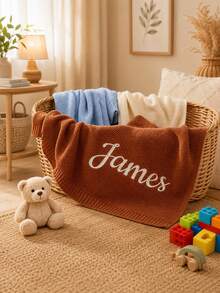 1pc Customizable Embroidered Knitted Throw Blanket, Supports Custom Name Embroidery, 7 Colors Available, Structured Ribbed Edge, Suitable For Home Relaxation And Daily Home Use, Suitable For Family Members, Meaningful Holiday Celebration Gift Choice - Multicolor - View 7
