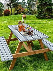 3 Pieces Picnic Tablecloth Set With Bench Cover, Elastic Edge Design, Striped Pattern, Washable Rectangular Tablecloth, Suitable For Weddings, Camping, Picnics, Garden Parties And More, Practical Essential - B - View 5