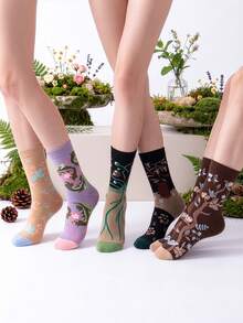 5 Pairs French Romantic Style Floral Print Women's Mid-Calf Socks, Casual Fashion Floral Print Women's Socks, Elegant Women's Socks - Multicolor - View 4