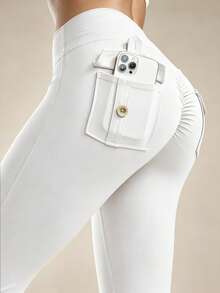 6pecil High Waist Pocket Pleated Flare Leg Sports Pants Fall - Pearl White - View 5