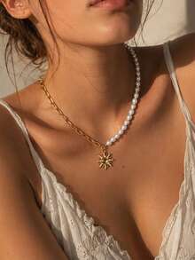 Hegaze 1pc Patchwork Faux Pearl Chain Rhinestone Sun Pendant Necklace, French Vintage Women's Vacation Style Collarbone Chain - Yellow Gold - View 1