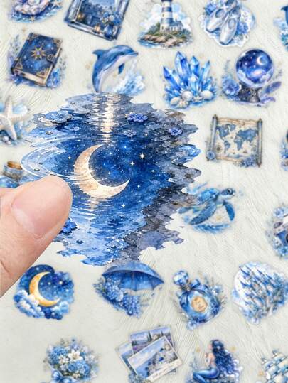 50Pcs Aesthetic Indigo Sea Stickers Vintage Nautical Theme, Treasure Chest World Map Starry Bottle Coastal Waterproof Stickers For Journal Planner