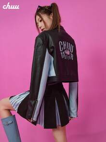 CHUU 女款字母人造 PU 皮革夾克外套 秋季配色拼接休閒百搭拉鍊夾克 - 黑色 - 查看 1