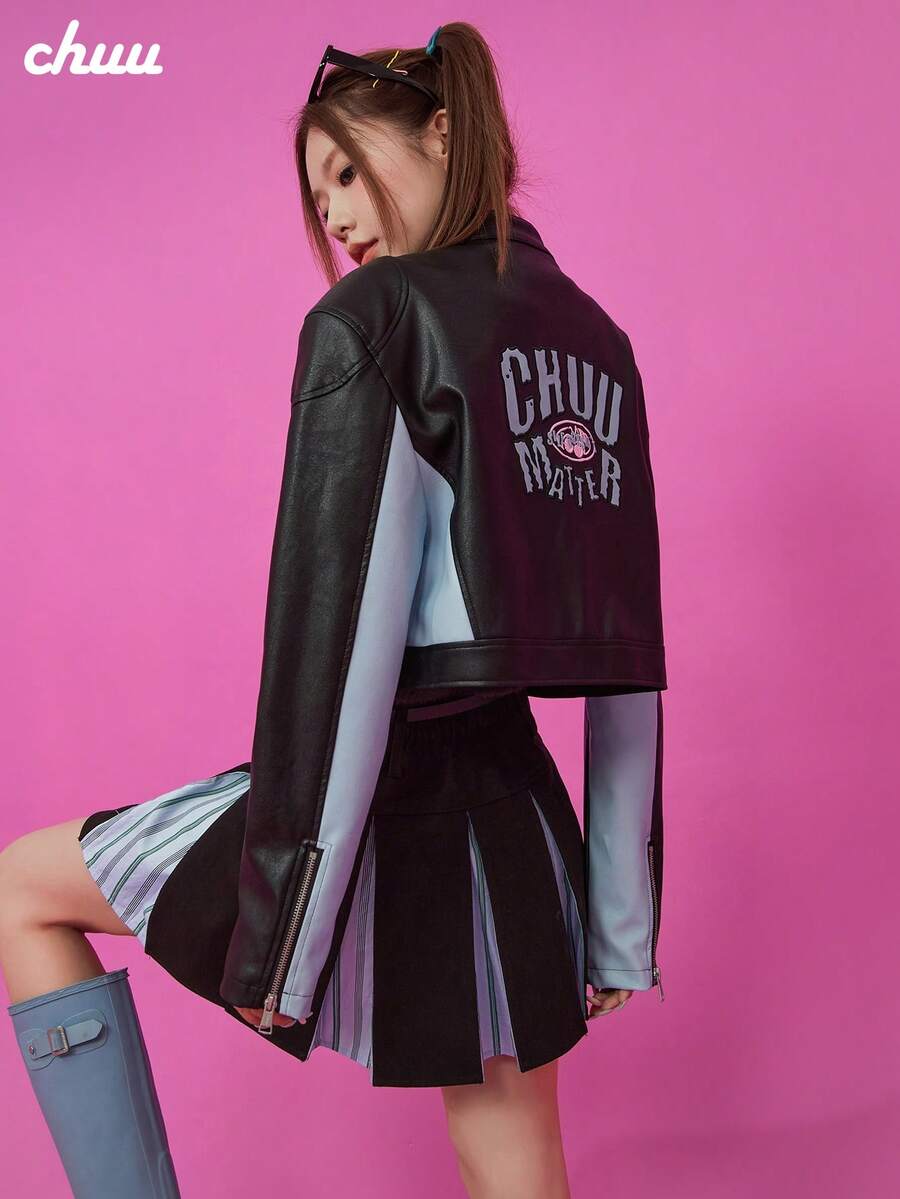 CHUU 女款字母人造 PU 皮革夾克外套 秋季配色拼接休閒百搭拉鍊夾克 - 黑色 - 查看 1