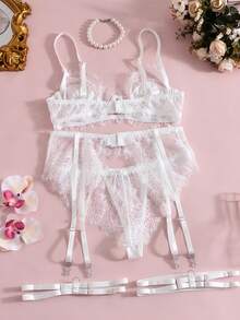 4pcs Women's Sexy Lingerie Set White Lace Mesh Sheer Underwire Bra, Waist Belt With Leg Rings, Panties, For Valentine's Day Home Bedroom Couple Play - 白色 - 查看 5