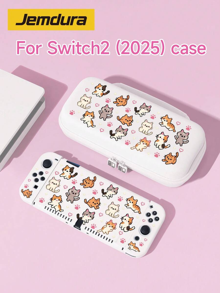 Jemdura Switch2 (2025) 遊戲主機配件 1件裝 卡通像素貓圖案 Switch2/Switch 遊戲主機保護殼 防塵蓋 適用於 Switch2/Switch OLED/NS/Lite，可開啟主機支架，可拆卸左右手柄殼，適合 Switch 玩家的最佳禮物 - 彩色 - 查看 1