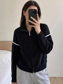Wixra Women's Half-Zip High Neck Knit Cardigan, Black Contrast Stripes, Drop Shoulder Long Sleeve Sweater Jacket - Black - View 3