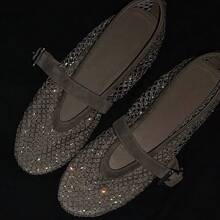 Women's Taupe Mary Jane Ballet Flats, Rhinestone Hollow Mesh Upper, Round Toe, Adjustable Side Buckle Strap, Textured Trim - Grey - View 6