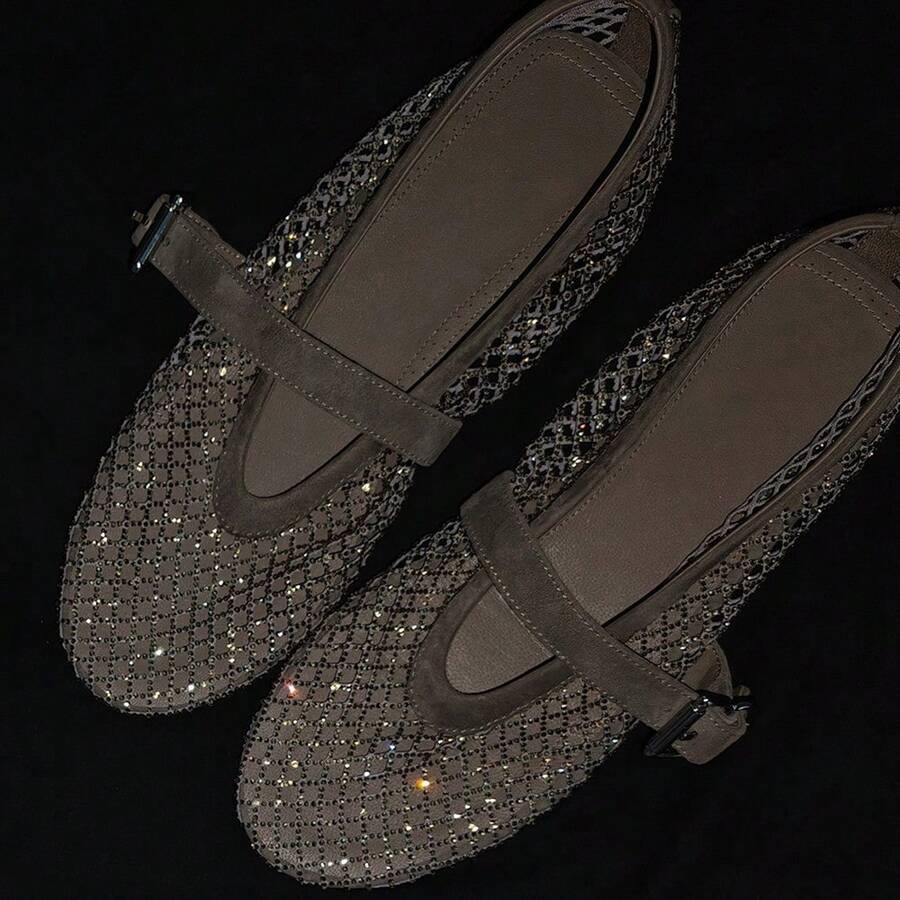 Women's Taupe Mary Jane Ballet Flats, Rhinestone Hollow Mesh Upper, Round Toe, Adjustable Side Buckle Strap, Textured Trim - Grey - View 1