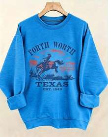Women's Western Style Fort WorthTexasEST1849CowboyPatternHoodieSoftCrewNeckPulloverWith Cactus And Longhorn DesignComfortableCasualLongSleeve Sweater - 藍色3 - 查看 3