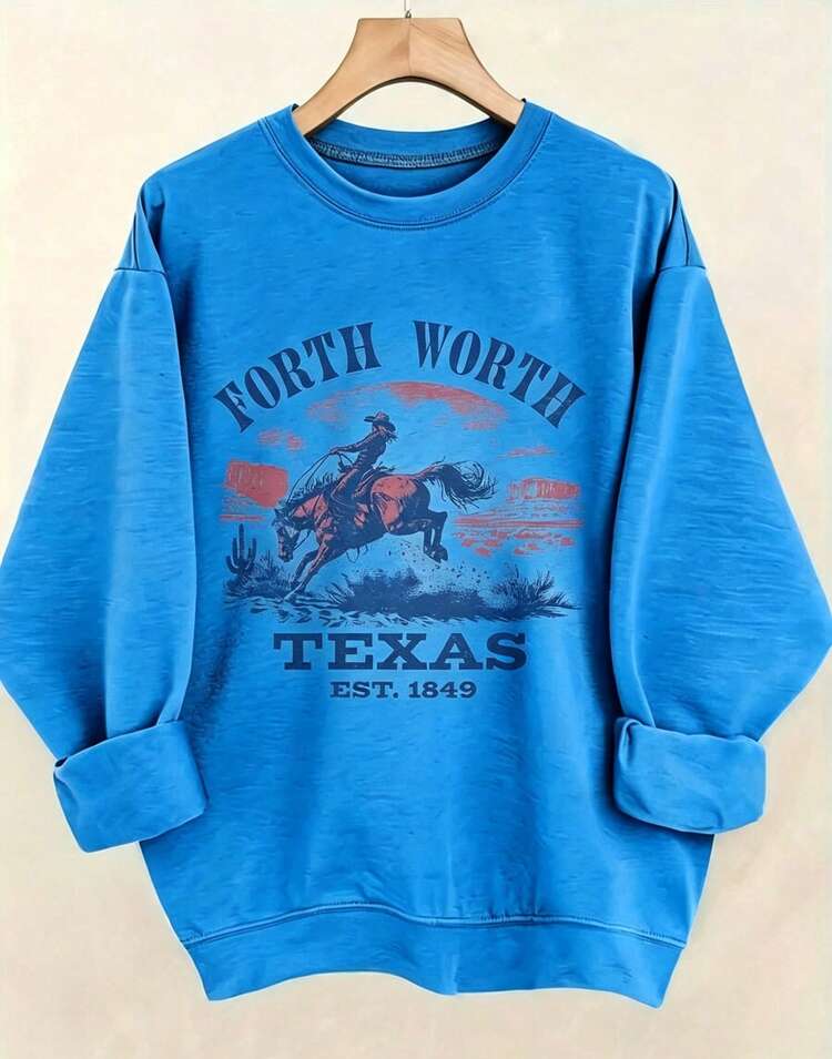 Women's Western Style Fort WorthTexasEST1849CowboyPatternHoodieSoftCrewNeckPulloverWith Cactus And Longhorn DesignComfortableCasualLongSleeve Sweater - أزرق 3 - مشاهدة 3