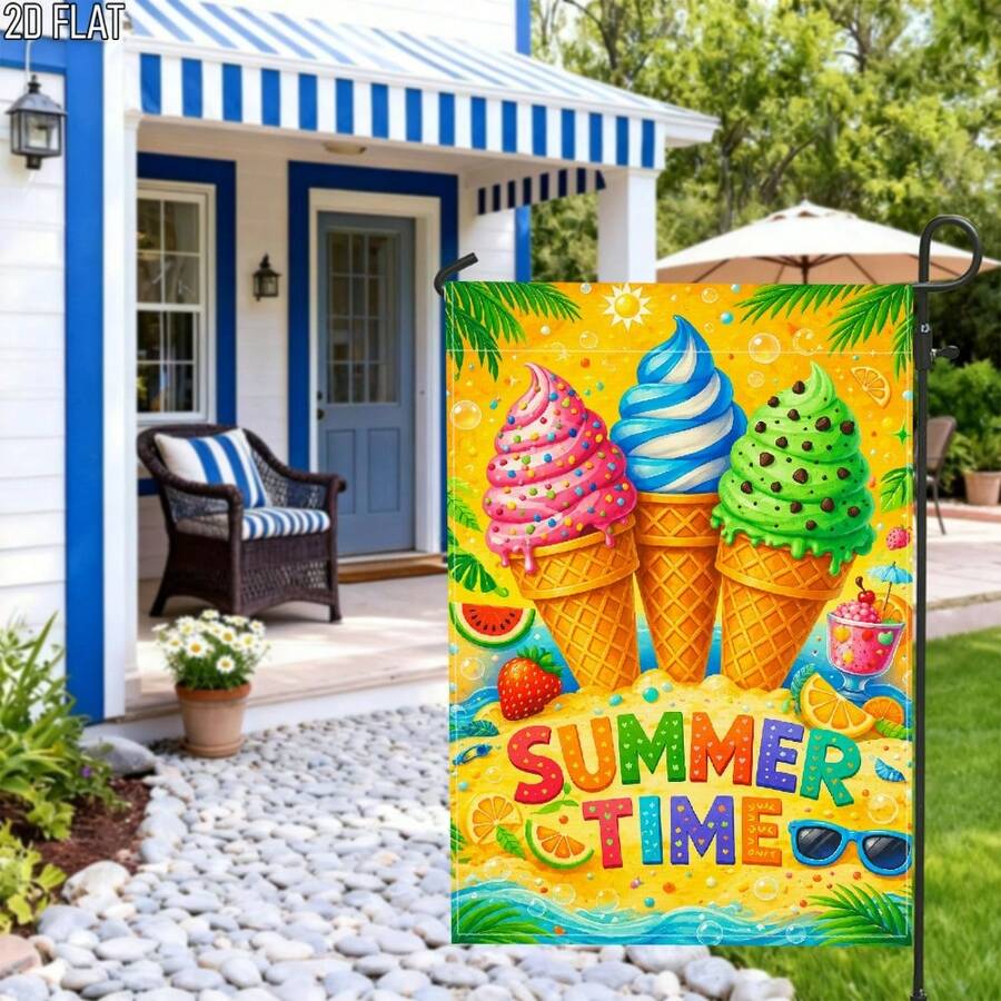 2D Flat 1pc Outdoor Garden Flag Summer Ice Cream Cone Tropical Colorful Vibrant Vertical Single-Sided Welcome Garden Flag Porch Decor Suitable For Garden Yard Decoration Without Flag Pole, 2D Flat
