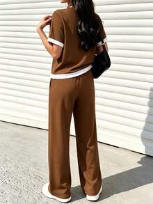 Spring/Autumn Women's New Casual Versatile Colorblock V-Neck Short Sleeve Top & High Waist Drawstring Straight Leg Pants 2-Piece Set Elegant - Brown 66 + Off-white - View 7