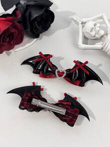 1pc Dark Sweet Cool Subculture Bat Wing Bow Hair Clip With Exquisite Heart Rhinestone Decor, Niche Headpiece For Halloween Party Atmosphere, Suitable For Holiday Styling, Travel, Photography, Daily Outfit Matching And Multiple Style Looks - Multicolor - View 7