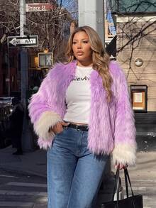 Astrid Plus Size Autumn/Winter Fashion Colorblock Patchwork Plush Jacket - Purple - View 3