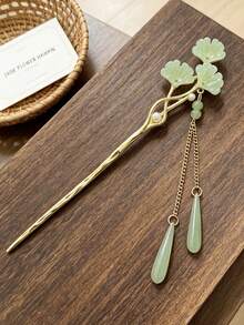1pc Light Green Ginkgo Jade Slice Tassel Hair Stick, Women's Gentle Draping Chain Hair Pin For Vacation And Daily Updo - Multicolor - View 7