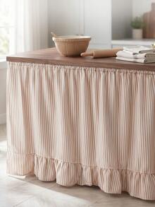 1pc Olive Green & White Fine Striped Table Skirt, Natural Fresh Style Fabric Material, Rectangular Bottom With Ruffle Edge And Pleated Details, Storage Concealment And Decorative Beautification Function, Suitable For Shelf Cover And Pastoral Home Decor - Apricot - View 1