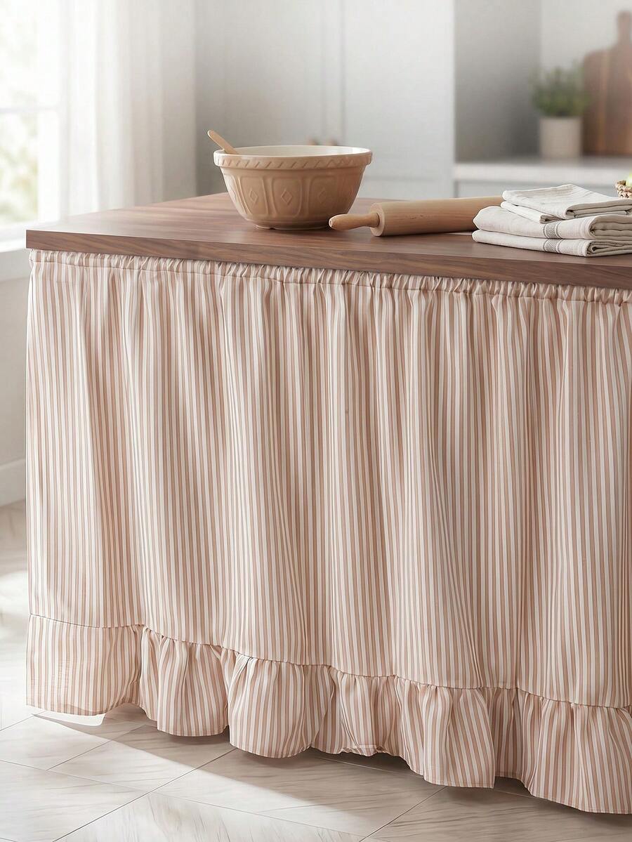 1pc Olive Green & White Fine Striped Table Skirt, Natural Fresh Style Fabric Material, Rectangular Bottom With Ruffle Edge And Pleated Details, Storage Concealment And Decorative Beautification Function, Suitable For Shelf Cover And Pastoral Home Decor - Apricot - View 1