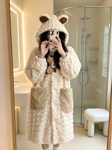 1件女款泰迪熊連帽毛絨浴袍，柔軟蓬鬆長袖居家服，附口袋，可愛卡通泰迪印花，俏皮設計，適合春、秋、冬季居家穿著、派對穿搭，女性理想禮物，白色 - 彩色 - 查看 4