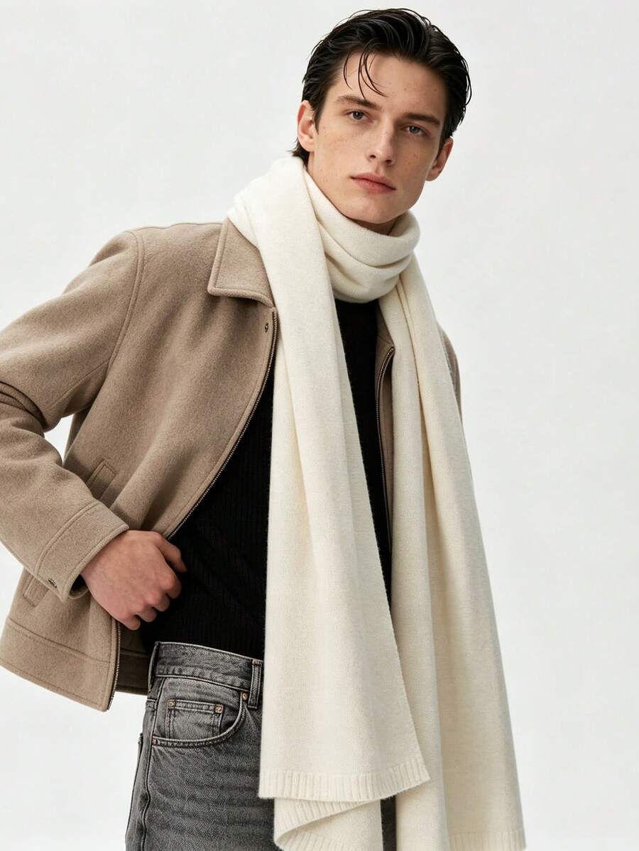 Low-Key Premium Solid Color Men's Long Fur Scarf, Thick Soft Fabric, Intellectual Style Daily Wear Warm Neck Warmer, Extra Large Extra Wide Shawl - White - View 1