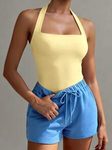 XLLAIS Sexy Backless Camisole, Fashionable Square Neck Elastic Casual Slim Fit Summer Tank Top, Yellow Holiday - Yellow - View 2