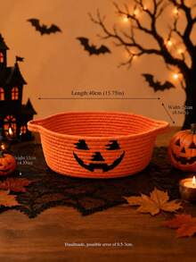 1 giỏ đựng đồ chủ đề Halloween, phong cách lễ hội, đan dây thừng chặt, miệng hở, có 2 tay cầm, in mặt bí ngô, phù hợp trang trí tiệc, đồ trang trí bàn, đựng đồ thủ công, lưu trữ vật dụng nhỏ cho nhà bếp và gia đình - trái cam - Xem 2