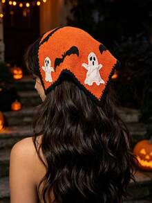 1pc Handmade Crochet Halloween Theme Headscarf, Fun Ghost & Eye Pattern, Tie-Up Triangle Hair Bandana, Party/Daily Versatile Hair Accessory - A - View 3