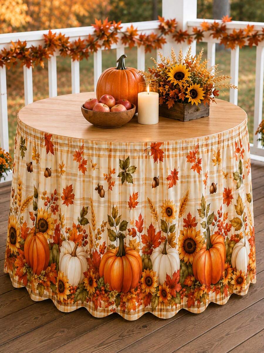 1pc Plaid Pumpkin Floral Table Skirt, Country Style Polyester Rectangular Table Skirt With Lace Wavy Hem, Sunflower And Maple Leaf Print, Suitable For Thanksgiving, Kitchen Dining Room, Autumn Decor, Wedding Decor, Kitchen Decor, Home Decor - Multicolor - View 1