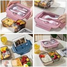 1400ml Microwave Bento Box, 3-Compartment, With Utensils, Suitable For Picnic, Work, School, Camping And Fitness - Multicolor - View 3